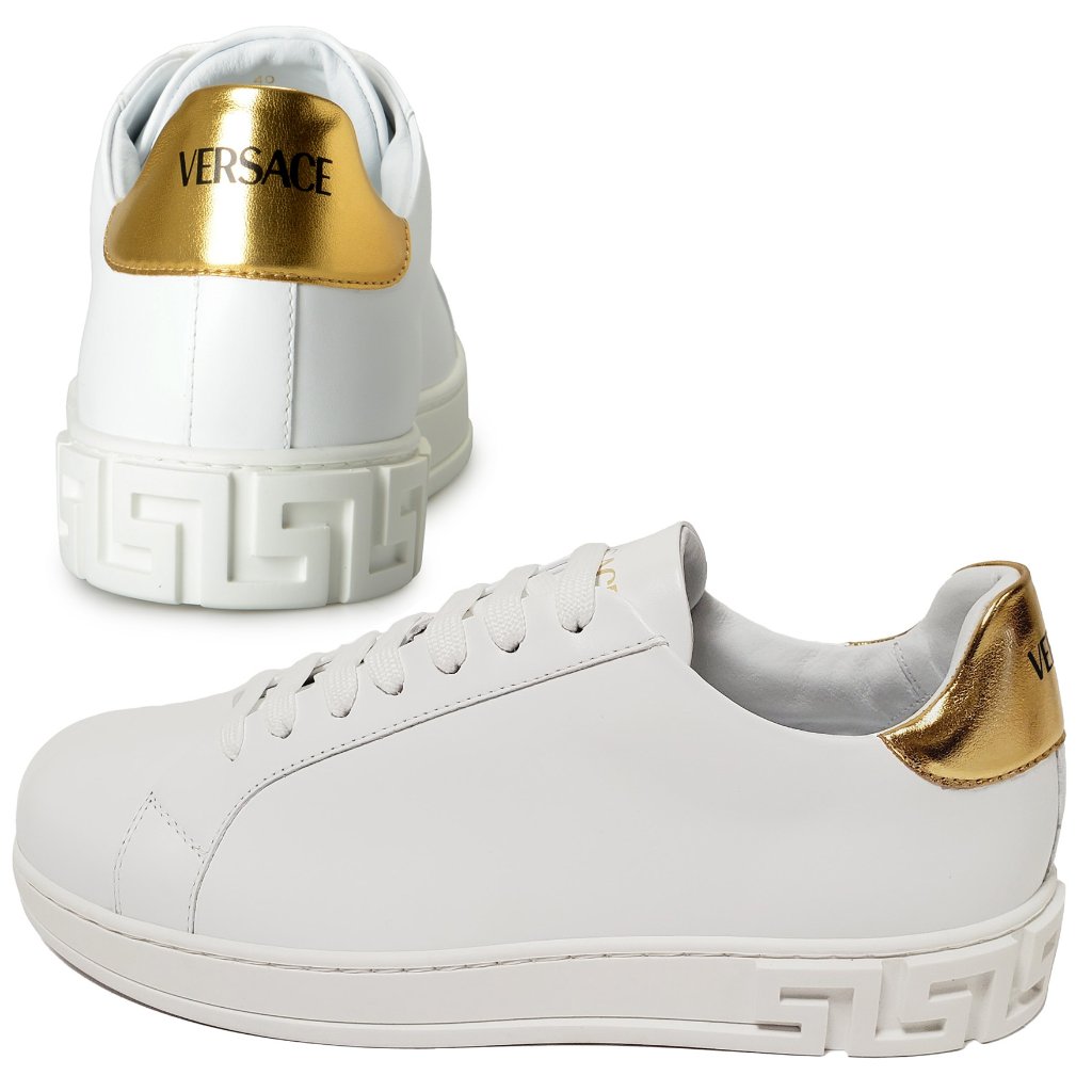 Versace Sneakers Mens Embossed Greek Sole Logo White Leather Shoes